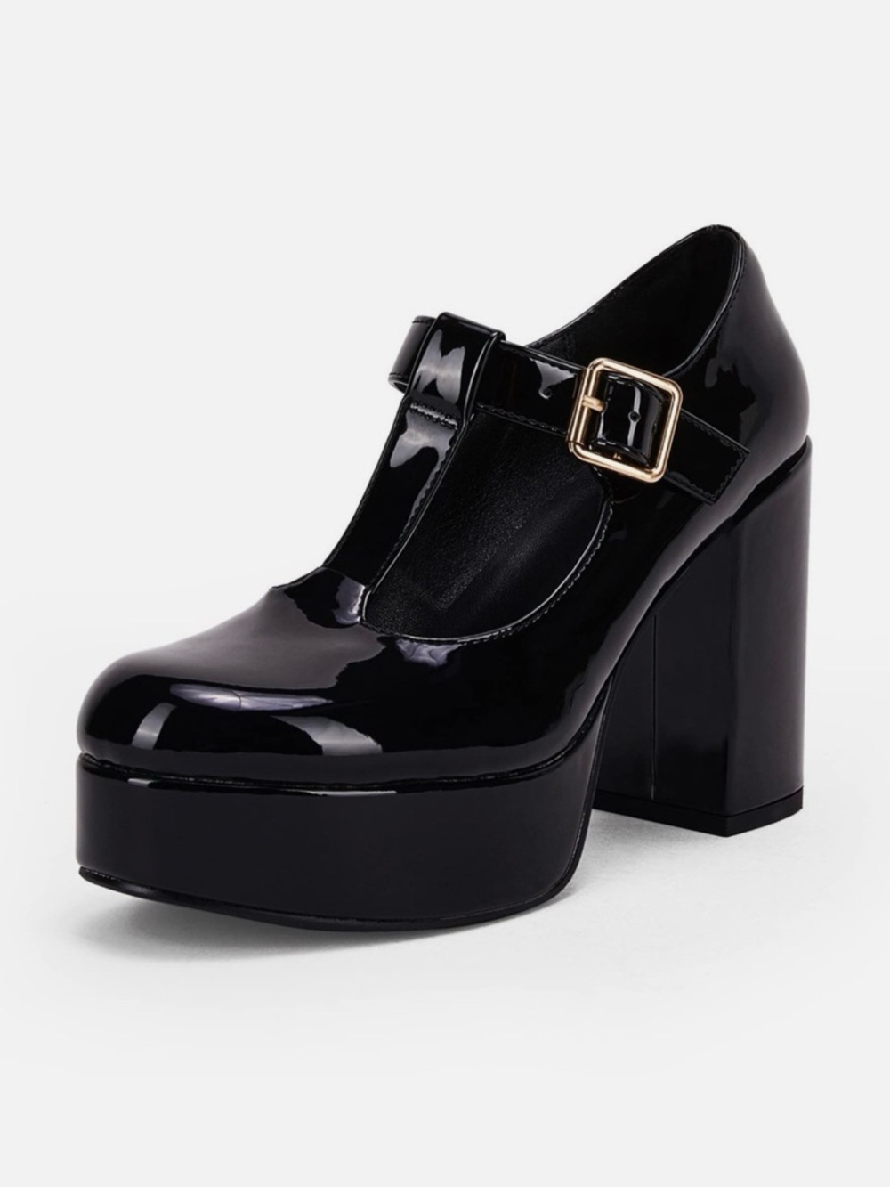 COUTGO 🖤BLACK🖤 PATENT T-STRAP BLOCK HEEL PLATFORM SHOES SIZE 9 🌟LIKE NEW🌟